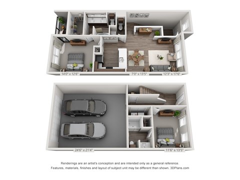 Floor plan for 2 beds, 2.5 baths, 1204 sqft